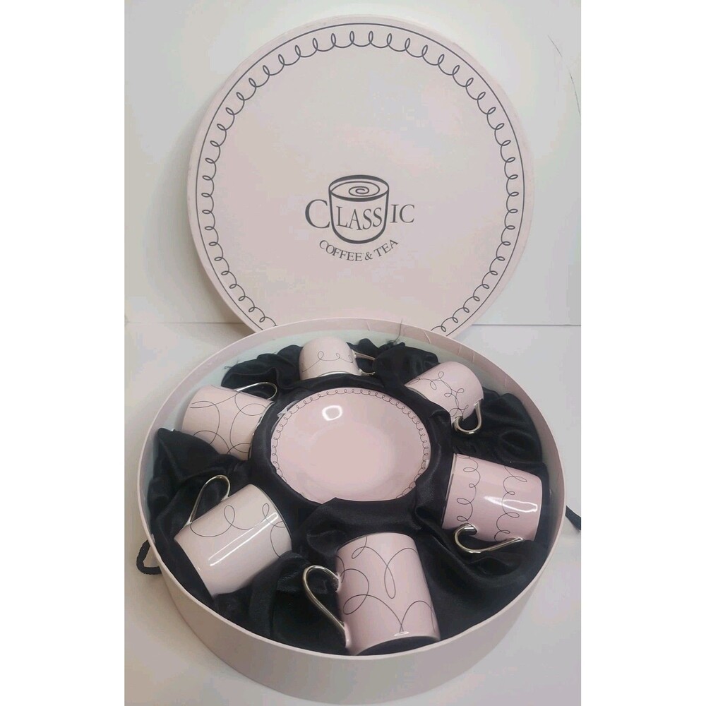 Classic Coffee & Tea Brand Set of 6 Small Cups And Saucers Pink With Silver NIB